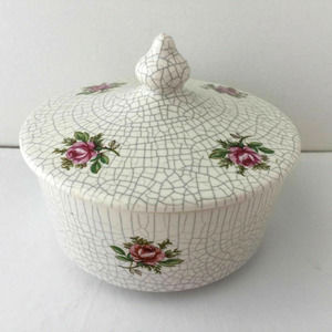 By Adriane Ceramic Jewelry Trinket Box Round Lidded Mosaic Floral Vintage Japan